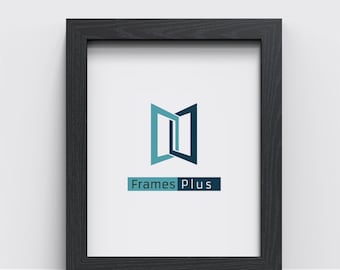May include: Black picture frame with a white mat and a logo that says "Frames Plus" in the center. The logo is a stylized image of two overlapping doors.