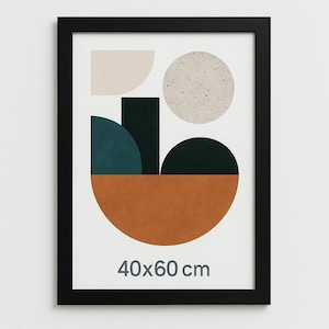 May include: Abstract geometric art print in a black frame. The print features a combination of circles, semi-circles, and rectangles in shades of beige, brown, teal, and black. The print measures 40x60 cm.