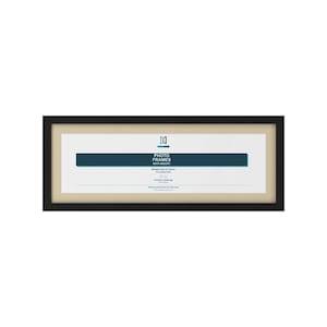 May include: A rectangular black photo frame with a beige mount. The centre features a white insert with the text PHOTO FRAMES WITH MOUNT, along with smaller text indicating multiple sizes and colours to choose from for portrait or landscape display.
