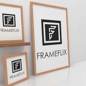 May include: Three wooden picture frames with a white background and a black and white logo that says "FRAMEFLIX". The logo is a stylized letter "F" inside a square.