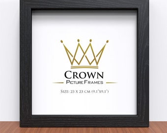 May include: Black picture frame with a gold crown logo and the text "CROWN PICTURE FRAMES" and "SIZE: 23 X 23 CM (9.1"X9.1")".