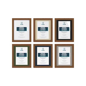 May include: Six rectangular wooden photo frames with mounts in various colours including white, beige, black, green, navy, and grey. Each frame contains a white insert with the text PHOTO FRAMES WITH MOUNT and additional descriptive information.
