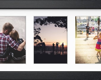 Modern Triple Photo Frame: Black MDF, White Mount, 7x5