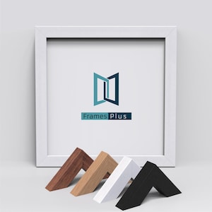 May include: White picture frame with a logo that says "Frames Plus" and four different coloured picture frame corners in brown, light brown, white and black.