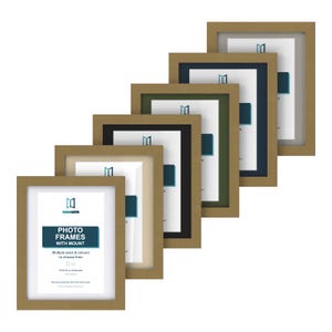 May include: A collection of six rectangular photo frames with mounts, arranged in a cascading diagonal pattern. The frames feature various border colours including light brown, black, dark green, navy blue, and grey, each containing white paper inserts.