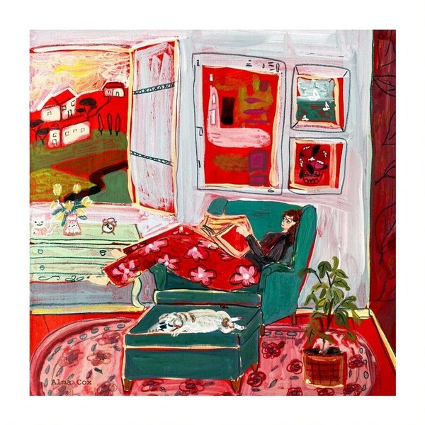 Framed Gouache Living Room Painting | Reading Art Print | Cozy Chair Art | Red Art | Window Art Print | Matisse Inspired Art Print | Dog Art