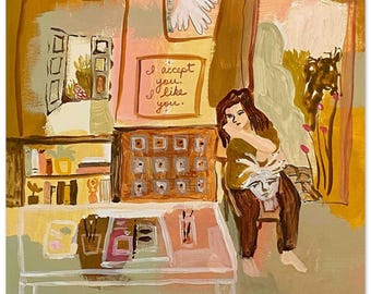 May include: A painting of a woman sitting in a room with a table and a sign that says "I accept you. I like you."