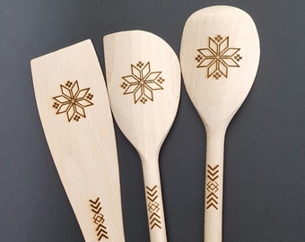 Baltic Ornaments engraved wooden kitchen utensil Set of 3,  spatula, spoon,  baking, cooking. Ethnic Baltic Folk traditional ornaments