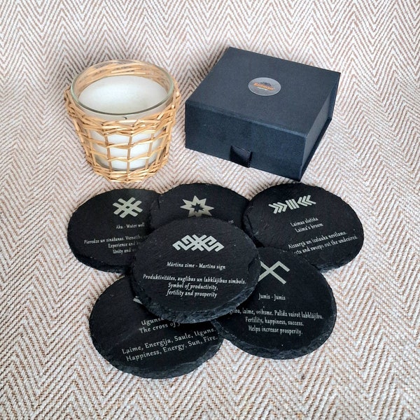 Latvian signs coasters with gift box - set of 6, round shape, with sign meanings in Latvian and English