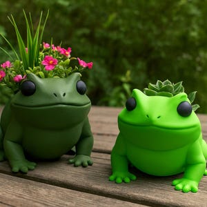 Puede incluir: Dos macetas con forma de rana, una verde oscuro y otra verde brillante, una al lado de la otra sobre una superficie de madera. La rana verde oscuro tiene flores rosas y follaje verde. La rana verde brillante tiene una pequeña suculenta.
