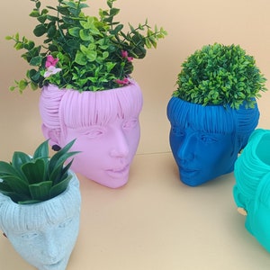 Könnte beinhalten: Vier Keramik-Pflanztopf in Form von menschlichen Gesichtern. Die Töpfe sind in Pink, Blau und Türkis. Jeder Topf hat eine andere Frisur und Gesichtszüge. Die Töpfe sind mit grünen Pflanzen gefüllt.