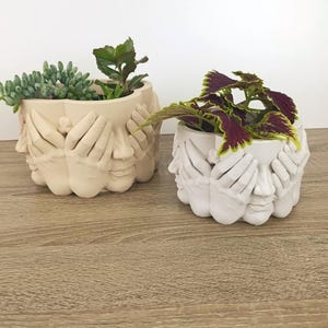Puede incluir: Dos macetas de cerámica, una beige y otra blanca, cada una con un diseño de caras con manos cubriendo los ojos. La maceta beige contiene una suculenta, mientras que la blanca contiene una planta con hojas verdes y moradas. Sobre una superficie de madera.