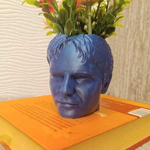Puede incluir: Un macetero azul impreso en 3D con forma de cabeza humana con una pequeña disposición de flores rosas y verdes en la parte superior.
