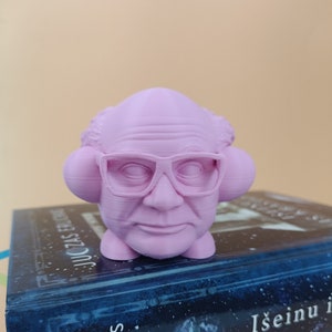 May include: A pink 3D printed figurine of a man with glasses, sitting on top of a book with a blue cover and the text "JUOZAS ERLICKAS Išeinui".