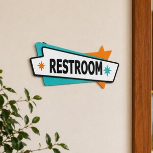 Könnte beinhalten: Ein Retro-Schild mit der Aufschrift "RESTROOM" mit weißem Rand, türkisfarbenen und orangefarbenen Akzenten und Sternendetails. Das Schild ist an einer hellen Wand angebracht, mit einem Blick auf ein Badezimmer im Hintergrund.