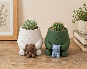 Cute Buddy Planter | 3D Printed Succulent Pot With Teddy or Kitten | Small Cactus Pot