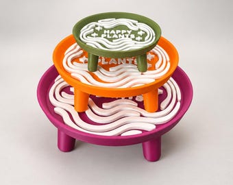 Happy Plants Retro Plant Stand, 3D Printed Drip Tray, Colorful Plant Riser, 70s Home Decor, Indoor Planter Stand, Desk & Shelf Decor