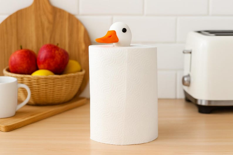 3D printed duck paper towel holder with magnetic head, shown on a kitchen counter with a basket of apples and a toaster in the background.