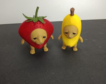 Sad Fruit Cats 3D Printed Figures - Crying Banana Cat & Strawberry Cat Meme Desk Toys, Cute Funny Gift for Cat Lovers
