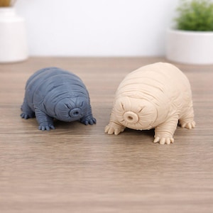 May include: Two water bear figurines, one blue and one beige, are displayed on a wooden surface. The figurines have detailed, textured bodies and small legs. The water bears are a unique decorative item.
