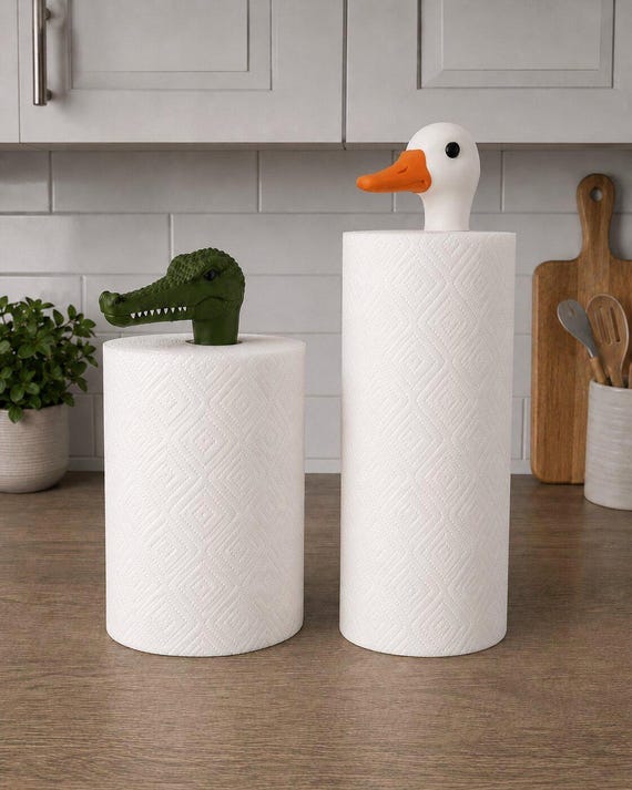 Adjustable Paper Towel Holder with Magnetic Animal Heads | Goose Highland cow Crocodile Kitchen Roll Stand | Funny 3D Printed Kitchen Decor