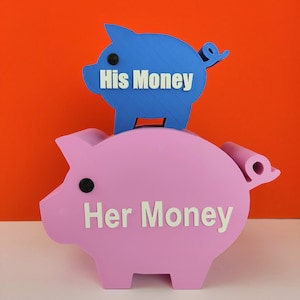 Puede incluir: Dos alcancías, una rosa y una azul, apiladas una encima de la otra. La alcancía rosa tiene las palabras "Her Money" escritas en ella, y la alcancía azul tiene las palabras "His Money" escritas en ella.