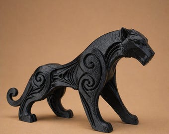 Abstract Black Panther Sculpture | Minimalist Animal Decor, 3D Printed Cat Statue