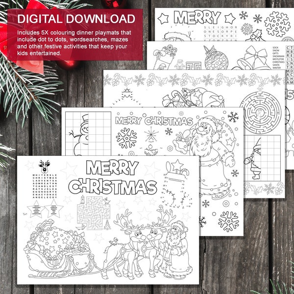 5 Downloadable Christmas Children's Colouring & Games Place Mats - 5 Designs to Occupy the Kids - Stocking Box Filler, Table Entertainment