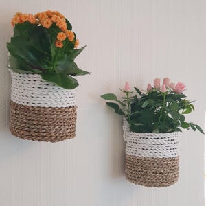 May include: Two hanging plant baskets with white rope and natural woven bottoms. The basket on the left has orange flowers and the basket on the right has pink flowers.