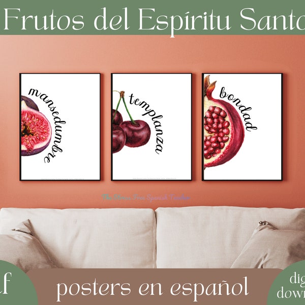 Spanish Fruits of the Spirit Posters, Printable Spanish Wall Art, Bible Verse to Print, Galatians 5, Scripture Art, Frutas del Espíritu