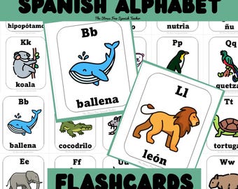 Espagnol ALPHABET ANIMAUX Cartes-éclair, Cartes d'exercices du vocabulaire espagnol, Cartes scolaires, Abecedario en Español Tarjetas Didácticas