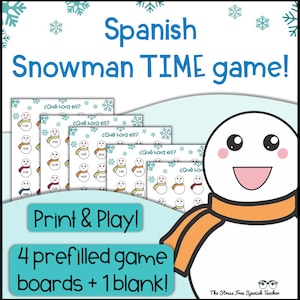 Juego de Decir la Hora en Español, Hojas de Trabajo en Español, Tiempo de Aprendizaje, Juego Imprimible, Español en Casa, Juegos de Aprendizaje en Español, Juego de Muñeco de Nieve