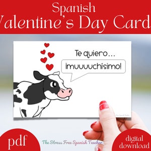 San Valentín Español Imprimible, Imprimible San Valentín Niños, Te Quiero Mucho, Vaca de San Valentín, Tarjeta de Felicitación de San Valentín Escolar, postal, etiqueta de regalo