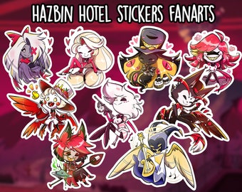 Puede incluir: Un conjunto de nueve pegatinas con personajes de la serie animada "Hazbin Hotel". Las pegatinas son coloridas y presentan una variedad de personajes, incluyendo un demonio de pelo rojo con cuernos, un demonio de pelo rosa con alas y un demonio de pelo azul con un halo. Las pegatinas son perfectas para añadir un toque de personalidad a los portátiles, las botellas de agua u otros artículos.