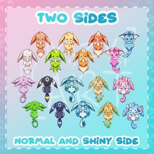 May include: A collection of sixteen stylized, small creature illustrations arranged in a grid. The text "TWO SIDES" appears at the top and "NORMAL AND SHINY SIDE" at the bottom. Each creature features distinct colors, including shades of brown, yellow, orange, blue, green, pink, and purple, with various ear and tail shapes.