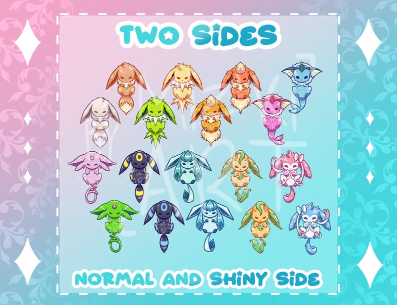May include: A collection of sixteen stylized, small creature illustrations arranged in a grid. The text "TWO SIDES" appears at the top and "NORMAL AND SHINY SIDE" at the bottom. Each creature features distinct colors, including shades of brown, yellow, orange, blue, green, pink, and purple, with various ear and tail shapes.