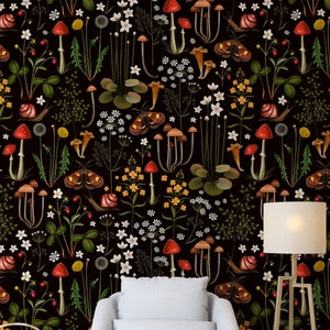 Dark Wallpaper, Mushroom Wallpaper Peel and Stick, Woodland Wallpaper, Temporary Wallpaper, Forest Wallpaper, Renters Wallpaper