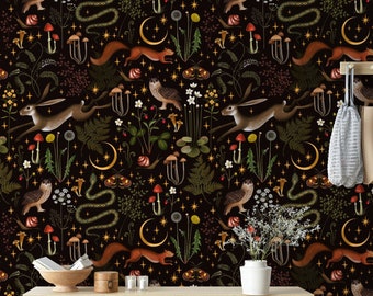 Mushroom Wallpaper Peel and Stick, Forest Wallpaper, Dark Wallpaper, Woodland Wallpaper, Temporary Wallpaper, Renters Wallpaper