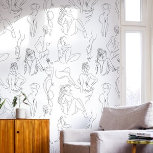 Female Body Line Art Wall Mural, Peel and Stick Wallpaper Black and White, Art Wallpaper, Modern Wall Mural, Boho Mural,Minimalist Wallpaper