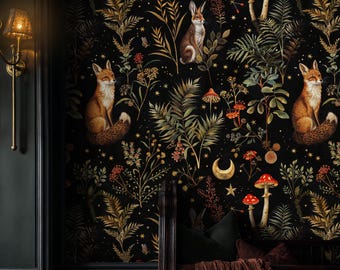 Mushroom & Woodland Animal Wallpaper: Dark Botanical Peel and Stick Wall Mural