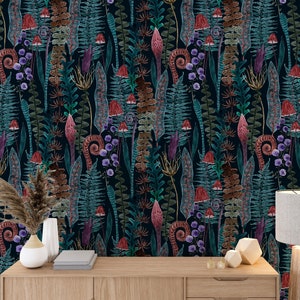 Magic Forest Wallpaper Peel and Stick  Mushroom Wallpaper, Dark Wallpaper, Forest Wallpaper, Dark Botanical Wallpaper, Watercolor Wallpaper