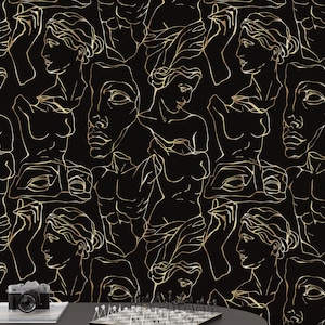 Black and Gold Wallpaper, Dark Peel and Stick Wallpaper, Abstract Wallpaper, Wallpaper Mural, Boho Wallpaper, Art Deco Wallpaper