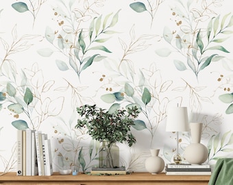 Eucalyptus Wallpaper, Watercolor Wallpaper, Gold Wallpaper, Mural Wallpaper Peel and Stick, Leaf Wallpaper, Floral Wall Mural