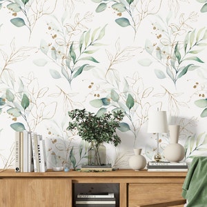 Eucalyptus Wallpaper, Watercolor Wallpaper, Gold Wallpaper, Mural Wallpaper Peel and Stick, Leaf Wallpaper, Floral Wall Mural
