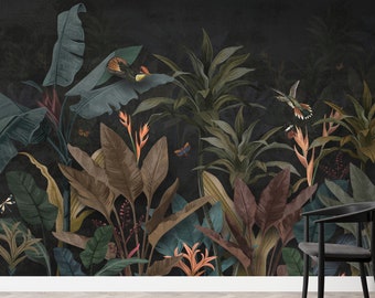 May include: A dark green, brown, and orange tropical leaf wallpaper mural with a black chair in front of it.