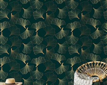 Golden Ginkgo Leaf Wallpaper: Dark Green Floral Peel and Stick Mural