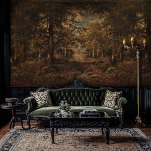 Gloomy Dark Vintage Forest Landscape Wallpaper, Dark Landscape Mural Wallpaper Peel and Stick, Scenic Forest Wallpaper, Verdure Wallpaper