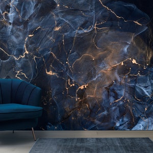 Navy Blue Marble Wallpaper, Peel and Stick, Marble Texture Wall Mural, Removable Wallpaper, Gold Wallpaper, Luxury Wallpaper, 3d Mural