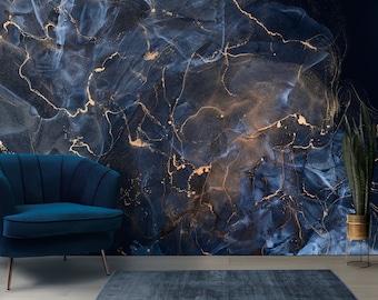 Navy Blue Marble Wallpaper: Gold Swirls, Peel and Stick Mural