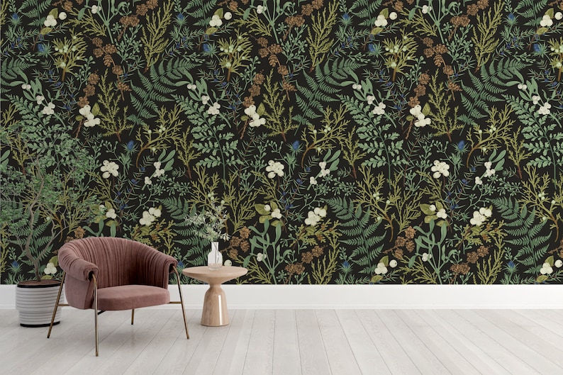 Fern Botanical Wallpaper Dark Botanical Wallpaper Peel and Etsy